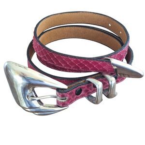 Genuine Snakeskin Belt Chrome Buckle Apple Acc of DE NY Magenta VTG 1970s Sz L